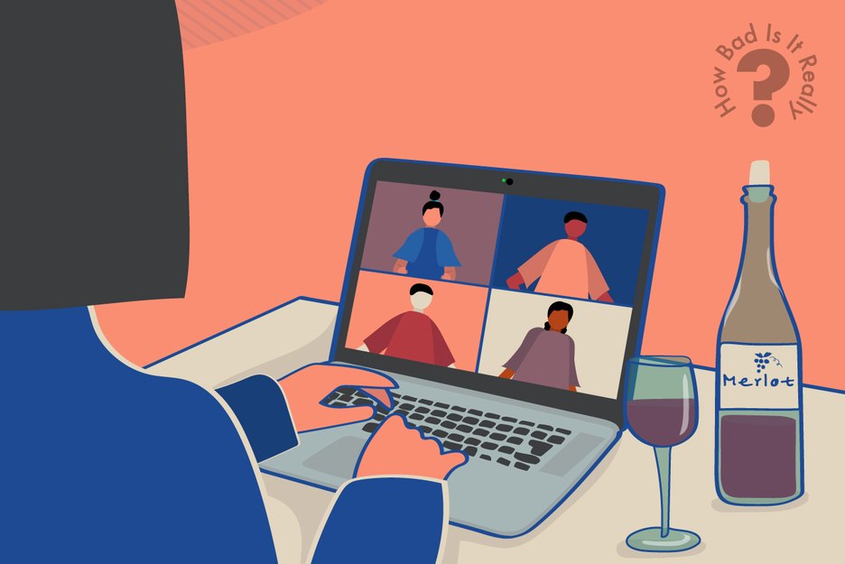 illustration of woman with wine bottle on video chat during coronavirus pandemic lockdown